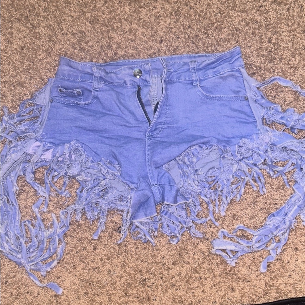 Blue Distressed Jean Shorts with Raw Hem